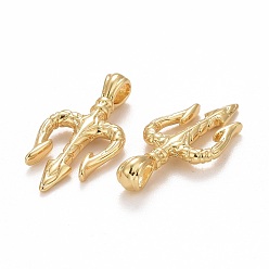 Real 18K Gold Plated Rack Plating Brass Pendants, Long-Lasting Plated, Lead Free & Cadmium Free, Three Teeth Fork, Real 18K Gold Plated, 21x10.5x4mm, Hole: 3.5x2mm