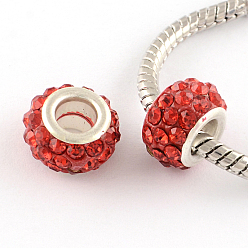 Hyacinth Polymer Clay Rhinestone European Large Hole Beads with Silver Color Plated Brass Cores, Rondelle, Hyacinth, 11~12x7~7.5mm, Hole: 5mm