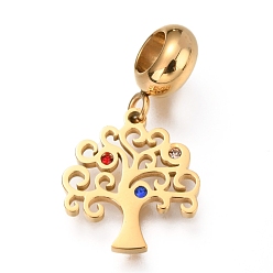 Golden Ion Plating(IP) 304 Stainless Steel European Dangle Charms, Large Hole Pendants, with Rhinestone, Tree, Golden, 25.5mm, Hole: 4mm, Pendant: 15.5x13.5x1mm