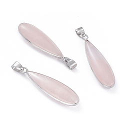 Rose Quartz Natural Rose Quartz Pendants, with Platinum Plated Brass Findings, Teardrop, 38.5~39x11x6mm, Hole: 6.5x4mm