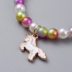 Mixed Color Acrylic & ABS Plastic Imitation Pearl Beads Stretch Bracelets, with Alloy Enamel Pendants, Unicorn, Light Gold, Mixed Color, 1-5/8 inch(4.3cm)