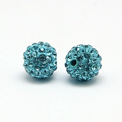 Aquamarine Polymer Clay Rhinestone Beads, Pave Disco Ball Beads, Grade A, Round, PP9, Aquamarine, PP9(1.5~1.6mm), 6mm, Hole: 1.2mm