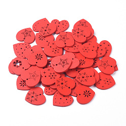 Red Natural Poplar Wood Pendants, Spray Painted, for Christmas, Heart with Snowflake, Red, 27.5x28.5x2.5mm, Hole: 2.5mm