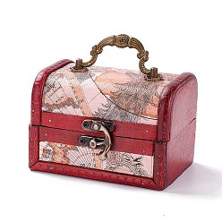 Rose Brumeux Boite a bijoux vintage en bois, coffres au trésor décoratifs en cuir pu, avec poignée de transport et loquet, rectangle avec motif de carte, rose brumeuse, 11.9x9.05x9 cm