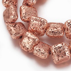 Plaqué D'or Rose Brins de perles de pierre de lave naturelle galvanisées, plaqué longue durée, carrée, rose plaqué or, 11.5~12x12~12.5x5.5~6mm, Trou: 1.5mm, Environ 32 pcs/chapelet, 15.43 pouce (39.2 cm)