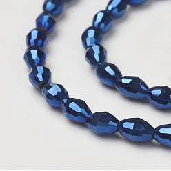 Blue Electroplate Glass Beads Strands, AB Color Plated, Faceted Oval, Blue, 6x4mm, Hole: 1mm, about 67~68pcs/strand