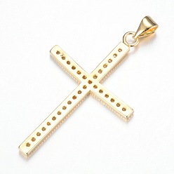 Golden Brass Micro Pave Cubic Zirconia Pendants, Cross, Lead Free & Nickel Free, Golden, 37x23x2mm, Hole: 5x3.5mm