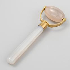 Snow Natural Agate Brass Massage Tools, Facial Roller for Skin, Eyes, Neck, Raw(Unplated), Snow, 107x35x18mm