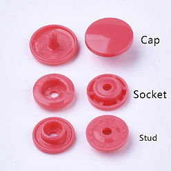 Crimson Resin Snap Fasteners, Raincoat Buttons, Flat Round, Crimson, Cap: 12x6.5mm, Pin: 2mm, Stud: 10.5x3.5mm, Hole: 2mm, Socket: 10.5x3mm, Hole: 2mm