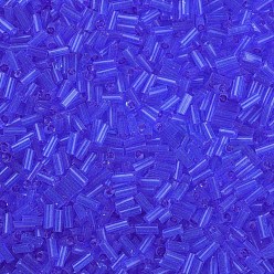 Blue Transparent Glass Bugle Beads, Round Hole, Blue, 3~8x2mm, Hole: 0.7mm, about 450g/pound