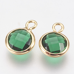 Sea Green Glass Charms, with Brass Findings, Faceted Flat Round, Real 18K Gold Plated, Sea Green, 9.5x7x3mm, Hole: 1.2mm
