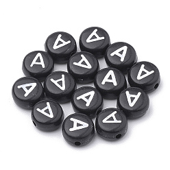 Letter A Opaque Acrylic Beads, Horizontal Hole, Alphabet Style, Flat Round, Letter.A, 7x4mm, Hole: 1.5mm, about 3700pcs/500g