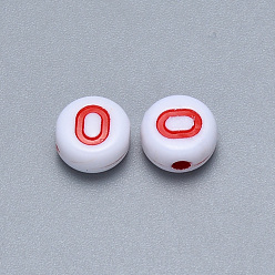 Letter O Craft Acrylic Horizontal Hole Letter Beads, Flat Round, Mixed Color, Letter.O, 7x3.5~4mm, Hole: 1.5mm, about 3600pcs/500g