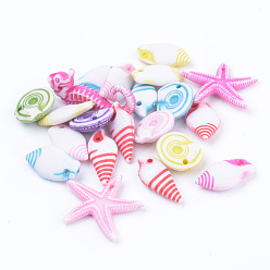 Mixed Color Craft Style Acrylic Pendants, Ocean Theme, Mixed Shapes, Mixed Color, 13~28x9.5~23x4~5mm, Hole: 1mm, about 1203pcs/500g