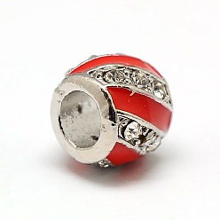 Mixed Color Platinum Plated Alloy Enamel Rhinestone European Beads, Large Hole Drum Beads, Mixed Color, 10x8mm, Hole: 5mm