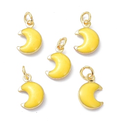 Yellow Brass Enamel Charms, Real 18K Gold Plated, with Jump Rings, Moon, Cadmium Free & Lead Free, Yellow, 11x7x3.5mm, Hole: 2.6mm