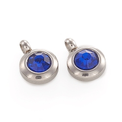 Sapphire Trendy Original Color 304 Stainless Steel Grade A Rhinestone Flat Round Charm Pendants, September Birthstone Charms, Faceted, Stainless Steel Color, Sapphire, 9x6.5x4mm, Hole: 2mm