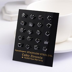 Черный Квадратных серьги кубического циркония, с 304 штифтов из нержавеющей стали, чёрные, 3.5x3 мм , штифт: 0.9 мм