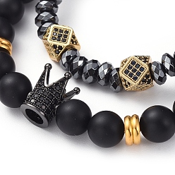 Gunmetal & Doré Ensembles de bracelet extensible, Bracelets en perles d'hématite synthétique non magnétiques et bracelet en perles d'agate noire naturelle (teinte), avec des perles de zircon cubique en laiton et des perles d'espacement et une boîte à bijoux, gris anthracite & Golden, 1-7/8 pouces (49 mm), 2-1/8 pouces (54 mm), 2 pièces / kit