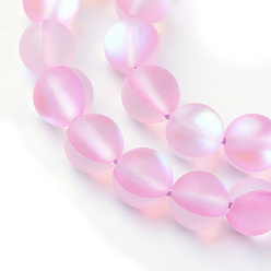 Pink Synthetic Moonstone Beads Strands, Holographic Beads, Dyed, Frosted, Round, Pink, 10mm, Hole: 1mm, about 36~39pcs/strand, 14~15 inch