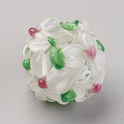 WhiteSmoke Handmade Lampwork Beads, Rondelle with Flower, Bumpy, WhiteSmoke, 14~15x12~13mm, Hole: 1.5~1.8mm