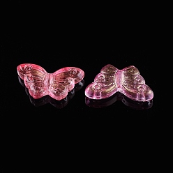 Hot Pink Electroplate Transparent Glass Beads, with Glitter Powder, Butterfly, Hot Pink, 14.5x8x3.5mm, Hole: 0.8mm