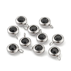 Jet 304 Stainless Steel Rhinestone Charms, Birthstone Charms, Flat Round, Stainless Steel Color, Jet, 9x6x4mm, Hole: 1.8mm