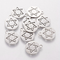 Stainless Steel Color 201 Stainless Steel Charms, for Jewish, Flat Round with Star of David, Stainless Steel Color, 14x12mm