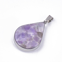 Amethyst Natural Amethyst Pendants, with Glass and 304 Stainless Steel Findings, Drop, Stainless Steel Color, 26.5~27x17~17.5x6.5~7mm, Hole: 3x5.5mm