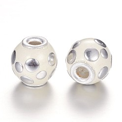Creamy White Round Handmade Indonesia Beads, with Alloy Cores, Platinum, Creamy White, 12.5x13mm, Hole: 3mm