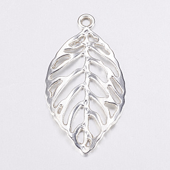 Silver Alloy Pendants, Cadmium Free & Nickel Free & Lead Free, Leaf, Silver Color Plated, 49.5x27.5x2mm, Hole: 3.5mm