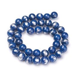 Medium Blue Natural Jade Beads Strands,  Brushed Silver Color, Dyed, Round, Medium Blue, 8mm, Hole: 0.8mm, about 50pcs/strand, 15.7 inch(40cm)