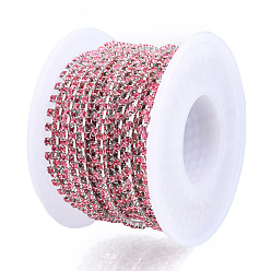 Rose Silver Plated Brass Rhinestone Strass Chains, Rhinestone Cup Chains, Soldered, with Spool, Rose, 3mm, about 32.81 Feet(10m)/Roll