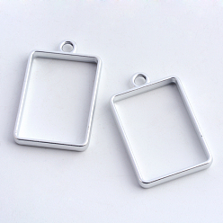 Matte Silver Color Rack Plating Alloy Rectangle Open Back Bezel Pendants, For DIY UV Resin, Epoxy Resin, Pressed Flower Jewelry, Hollow, Cadmium Free & Nickel Free & Lead Free, Matte Silver, 33.5x21x3.5mm, Hole: 3mm