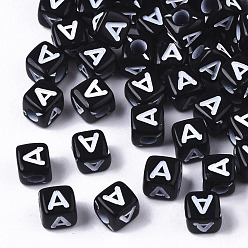 Letter A Opaque Acrylic Beads, Horizontal Hole, Alphabet Style, Cube, Black & White, Letter.A, 5x5x5mm, Hole: 2mm, about 5000pcs/500g