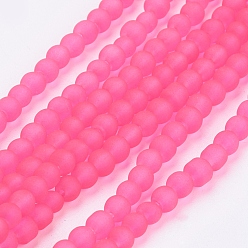 Deep Pink Transparent Glass Bead Strands, Frosted, Round, Deep Pink, 4mm, Hole: 1.1~1.6mm, about 200pcs/strand, 31.4 inch