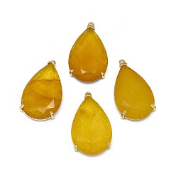 Dark Goldenrod Natural Jade Pendants, with Brass Findings, Faceted, teardrop, Dyed, Golden, Dark Goldenrod, 31.5~32.5x18~18.5x5.5~6mm, Hole: 1.4mm