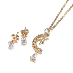 Golden 304 Stainless Steel Rhinestone Jewelry Sets, Moon Pendant Necklaces and Stud Earrings, Cable Chains, Lobster Claw Clasps and Ear Nuts, Crystal, Golden, 18.11 inch(46cm), 15x5.5mm, Pin: 0.7mm