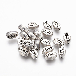 Antique Silver Tibetan Style Alloy Beads, Oval with Word Love, Valentine's Day, Cadmium Free & Nickel Free & Lead Free, Antique Silver, 10x6x4mm, Hole: 1mm