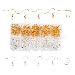 Mixed Color 1 Box Five Styles Brass Earring Hooks, with Horizontal Loop, Golden and Silver, Mixed Color, 16~21x12~19mm, Hole: 2mm, 22 Gauge, Pin: 0.6mm, about 40pcs/compartment, 400pcs/box
