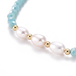 Turquoise Faceted Glass Beaded Stretch Bracelets, with Natural Pearl Beads and Golden Plated Brass Beads, Turquoise, Inner Diameter: 2-1/4 inch(5.7cm)