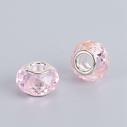 Pink Faceted Glass European Beads, Large Hole Beads, with Silver Tone Brass Core, Rondelle, Pink, 13.5~14x8.5~9mm, Hole: 5mm