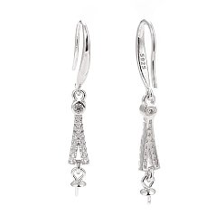 Platinum Rhodium Plated 925 Sterling Silver Earring Hooks, with Clear Cubic Zirconia, for Half Drilled Beads, Platinum, 35mm, 21 Gauge, Pin: 0.7mm and 0.6mm, Tray: 6x3mm