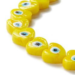 Yellow Handmade Evil Eye Lampwork Beads, Heart, Yellow, 14.5~15x15.5~16x6.5~7.5mm, Hole: 1~1.6mm, about 25pcs/strand, 14.02~13.66 inch(34.7~35.6cm)