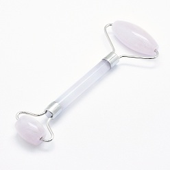 Rose Quartz Natural Rose Quartz Brass Face Massager, Facial Rollers, Platinum, 142~150x54~58x19~22mm