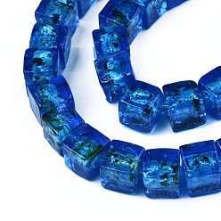 Royal Blue Handmade Silver Foil Lampwork Beads, Cube, Royal Blue, 10~12x10~12x10~12mm, Hole: 1.5mm, about 40pcs/strand, 16.54''(42cm)