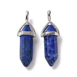 Lapis Lazuli Natural Lapis Lazuli Pendants, Faceted, with Platinum Tone Brass Findings, Lead free & Cadmium Free, Dyed, Bullet, 27~30x9~10x7~8mm, Hole: 4x3mm