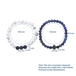 Lapis Lazuli Ensembles de bracelet extensible, bracelets empilables, bracelets en perles de lapis-lazuli naturel (teint) et bracelets en perles d'howlite naturelle, avec des perles d'agate noire naturelle (teintes) et des maillons en laiton micro pavé de zircone cubique, croix, 2 pouces (50 mm), 2 pièces / kit