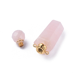 Rose Quartz Faceted Natural Rose Quartz Openable Perfume Bottle Pointed Pendants, with Golden Plated 304 Stainless Steel Findings, Bullet, 44~46x15x13~13.5mm, Hole: 1.8mm, Bottle Capacity: 1ml(0.034 fl. oz)