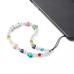 Colorful ABS Plastic Imitation Pearl and Imitate Austrian Crystal Bicone Glass Beads Mobile Straps, with Resin Beads, Acrylic Beads, Handmade Polymer Clay Beads, Nylon Thread and ABS Plastic Beads, Heart & Star & Smiling Face, Colorful, 19cm